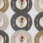 Charcoal | Concentric Woven Round Polyester Placemats multi-color dining table arrangement with Charcoal featured