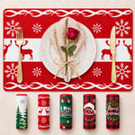 Red Reindeer Christmas PVC placemat | design overview with five seasonal prints displayed beneath the featured placemat