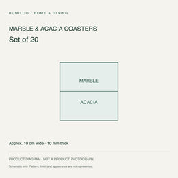 White Marble and Acacia Coasters — Set of 20 — original schematic diagram, not a photograph