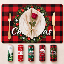 Christmas Wreath Plaid Christmas PVC placemat | design overview with five seasonal prints displayed beneath the featured placemat