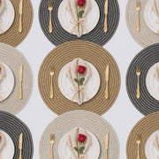 Camel | Concentric Woven Round Polyester Placemats multi-color dining table arrangement with Camel featured