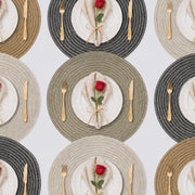 Natural | Concentric Woven Round Polyester Placemats multi-color dining table arrangement with Natural featured