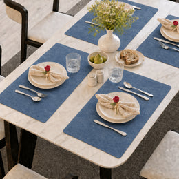 Denim Blue | Denim Blue Embossed Paisley PVC Placemats styled on a dining table