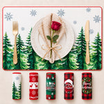 Evergreen Snowflakes Christmas PVC placemat | design overview with five seasonal prints displayed beneath the featured placemat
