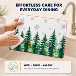 Evergreen Snowflakes Christmas PVC placemat | rinse-clean care instructions