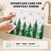 Evergreen Snowflakes Christmas PVC placemat | rinse-clean care instructions