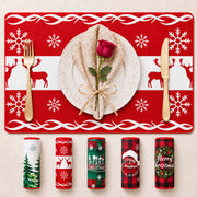 Red Reindeer Christmas PVC placemat | design overview with five seasonal prints displayed beneath the featured placemat