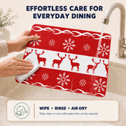 Red Reindeer Christmas PVC placemat | rinse-clean care instructions