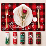 Santa Hat Plaid Christmas PVC placemat | design overview with five seasonal prints displayed beneath the featured placemat