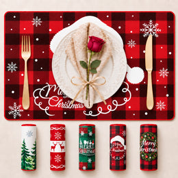 Santa Hat Plaid Christmas PVC placemat | design overview with five seasonal prints displayed beneath the featured placemat