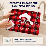Santa Hat Plaid Christmas PVC placemat | rinse-clean care instructions