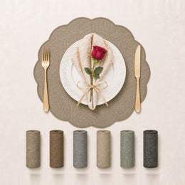 Taupe | Scalloped Round Woven Polyester Placemats color overview with Taupe featured