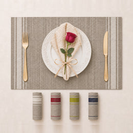 Taupe Ivory | Woven Border Stripe PVC-Polyester Placemats color overview with Taupe Ivory featured