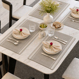 Taupe Ivory | Taupe Ivory Woven Border Stripe PVC-Polyester Placemats styled on a dining table