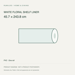White Floral PVC Shelf Liner — 45.7 × 243.8 cm — original schematic diagram, not a photograph
