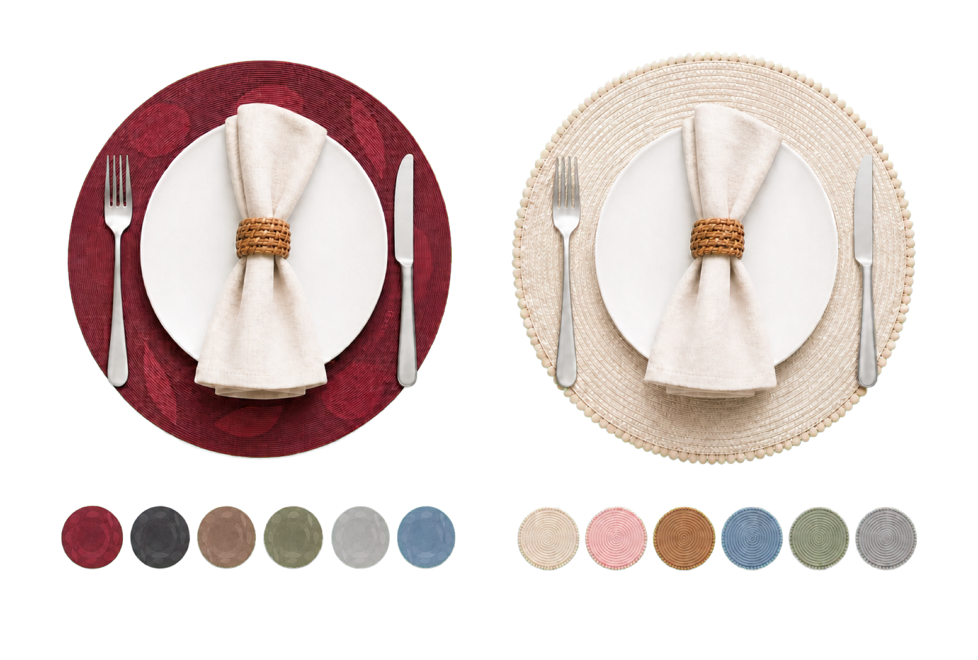 Rumiloo round burgundy and ivory tablemat settings with color swatches