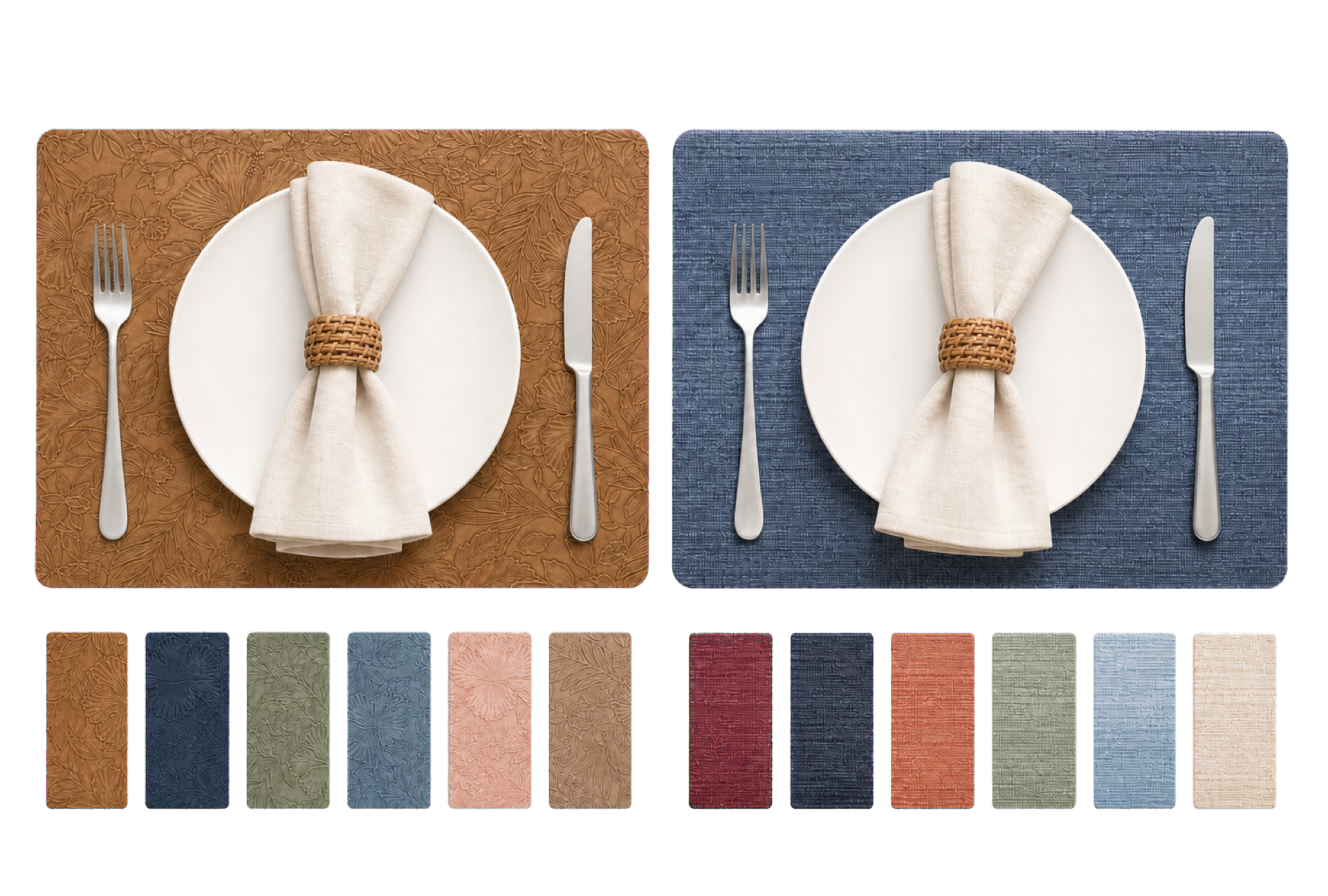 Rumiloo rectangular floral and linen tablemat settings with color swatches
